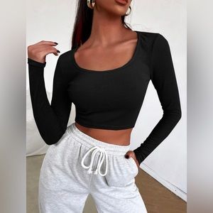 SHEIN SXY Black Solid Crop Fitted Long sleeved Tee. Size Large.